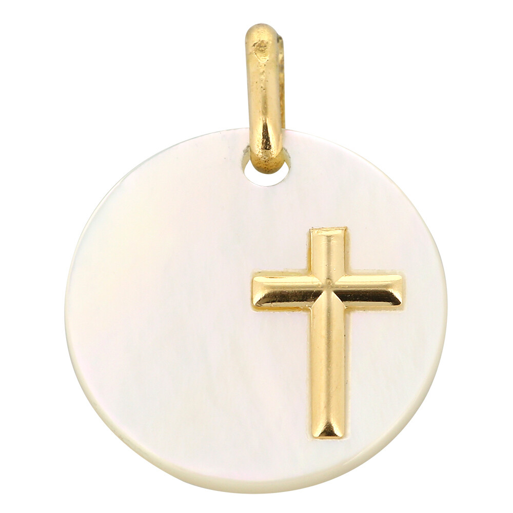 Photo de Médaille Croix ronde - Or jaune 18ct & nacre