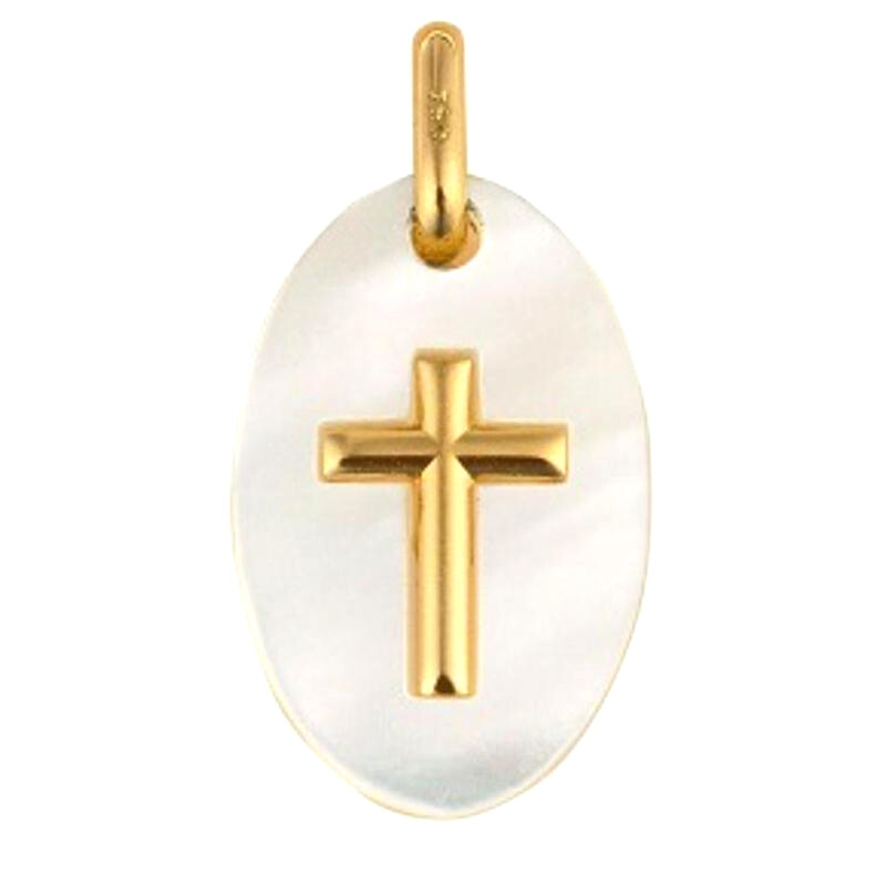 Photo de Médaille Croix ovale - Or jaune 18ct & nacre