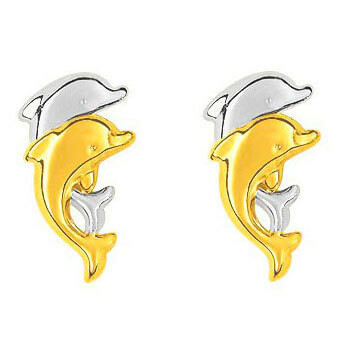 Photo de Boucles d'oreilles dauphins - Vis - Or jaune & or blanc 18ct