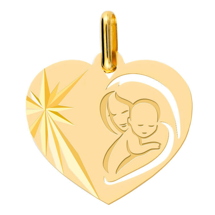 Photo de Médaille Vierge à l'enfant en coeur ajourée - Or jaune 9ct