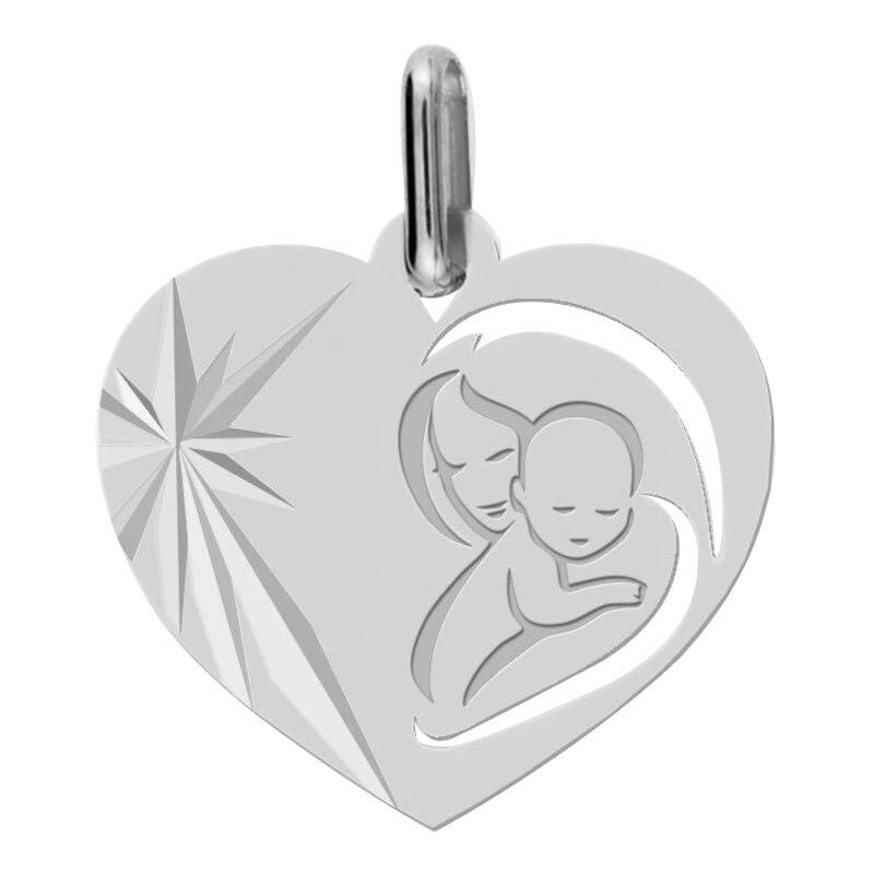 Photo de Médaille Vierge à l'enfant en coeur ajourée - Or blanc 18ct