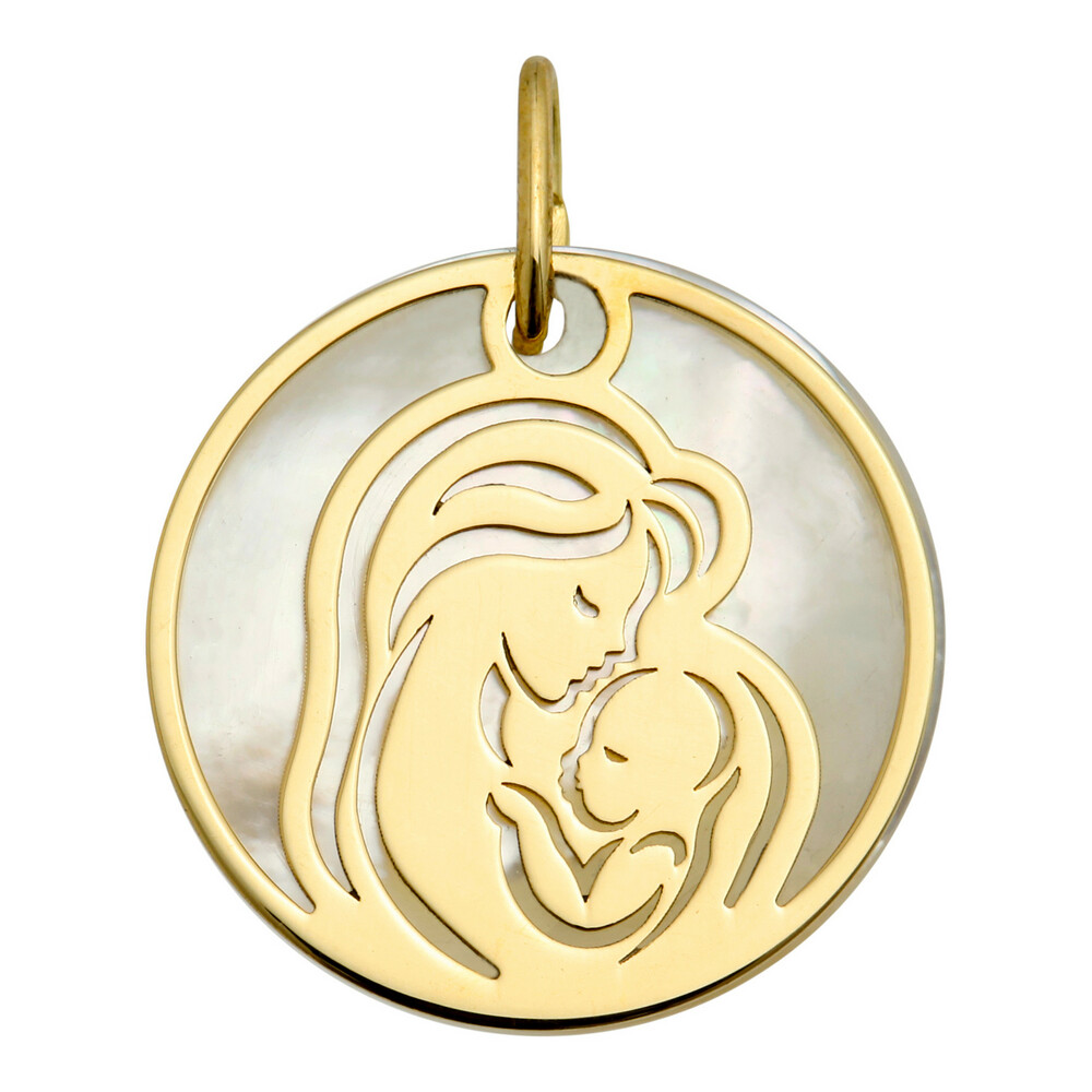 Photo de Médaille Vierge à l'enfant ajourée - Or jaune 9ct & nacre