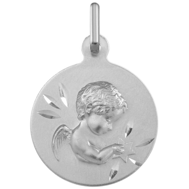 Photo de Médaille Ange à l'étoile ciselée - Or blanc 9ct