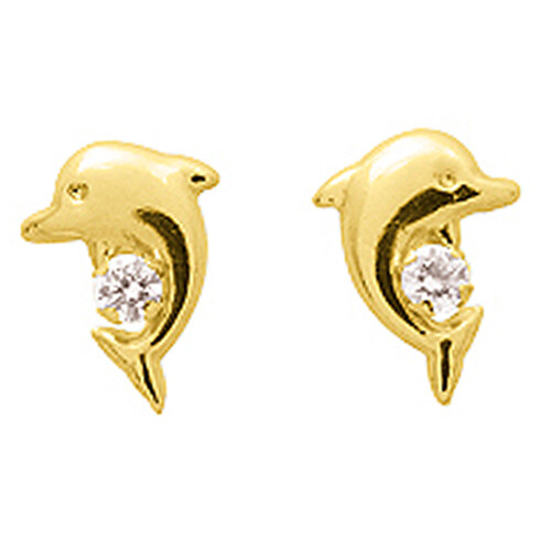 Photo de Boucles d'oreilles dauphins zirconium - Puce  - Or jaune 9ct