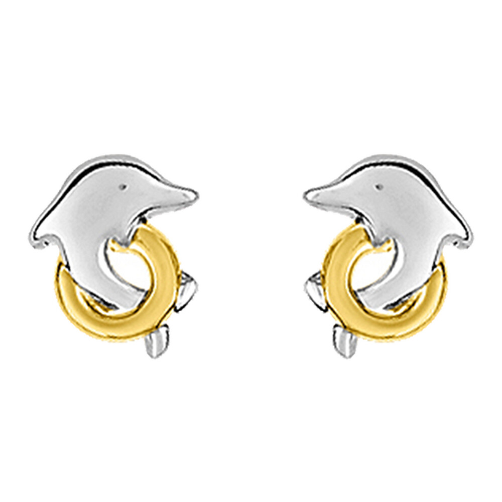 Photo de Boucles d'oreilles Dauphins Bicolore - Vis - Or blanc et jaune 9ct