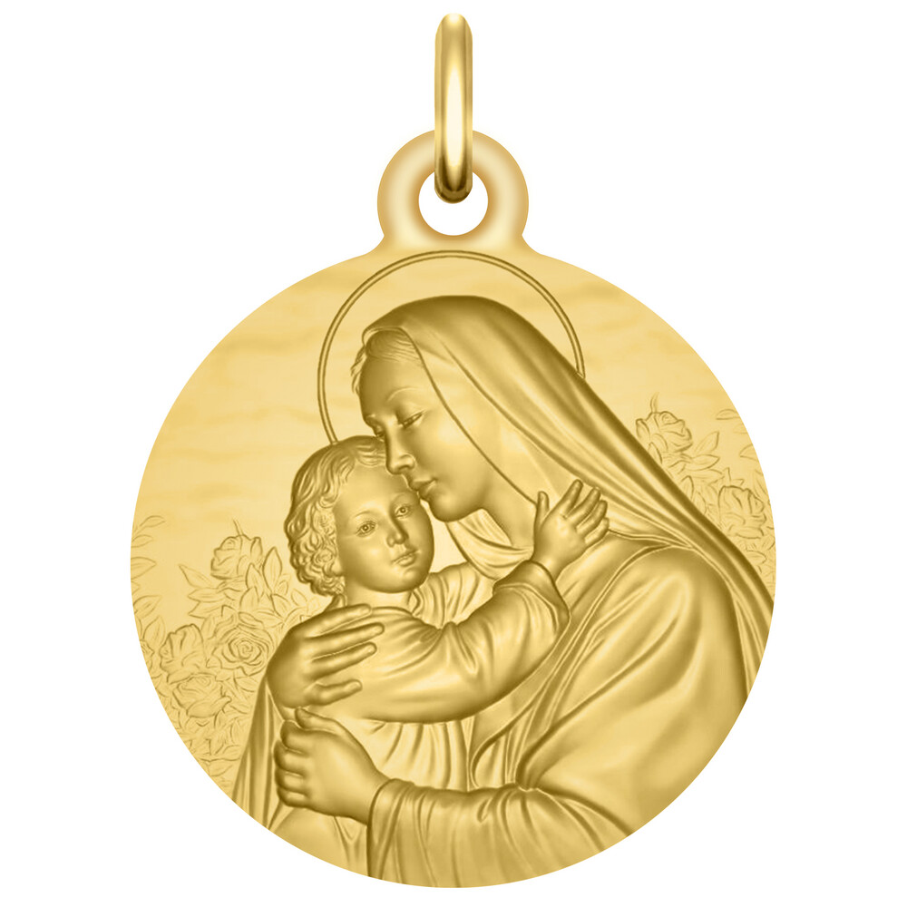 Photo de Médaille Vierge à l'enfant aux fleurs - Or jaune 9ct