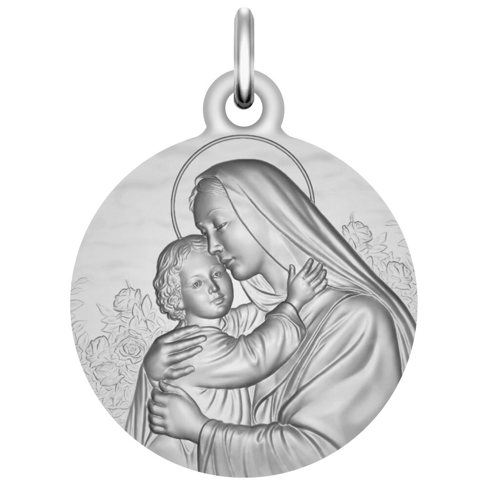 Photo de Médaille Vierge à l'enfant aux fleurs - Argent massif